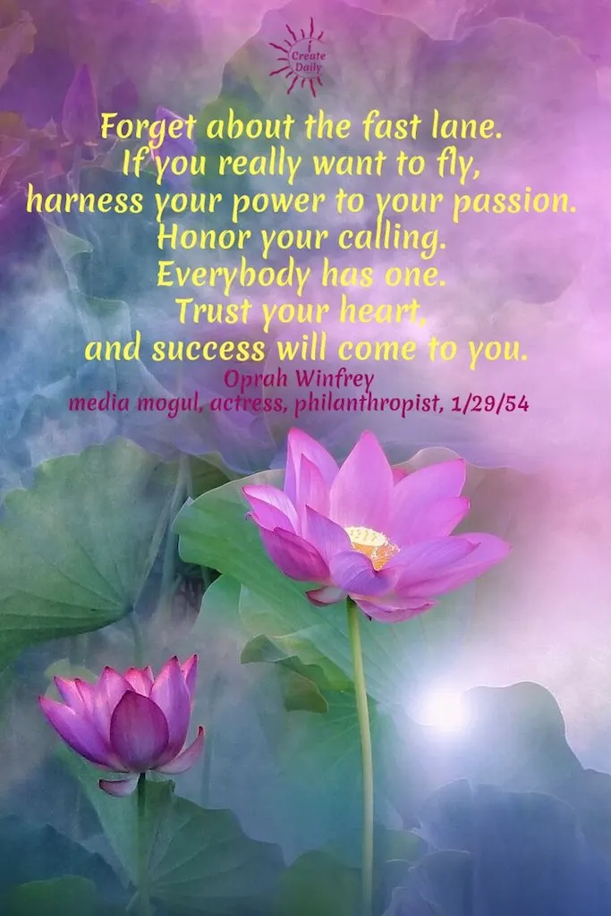 Forget about the fast lane. If you really want to fly, harness your power to your passion. Honor your calling. Everybody has one. Trust your heart, and success will come to you.
~Oprah Winfrey, media mogul, actress, philanthropist, 1/29/54
#OprahWinfreyQuotes #YourCalling #TrustYourHeartQuote #PursueYourPassion #FollowYourHeartQuotes #TrustYourHeart